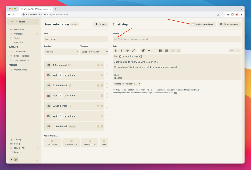 Email threads in automations